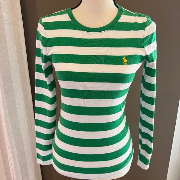 Ralph Lauren Tops - Ralph Lauren Polo Green & White Striped Long Sleeve, Size Small